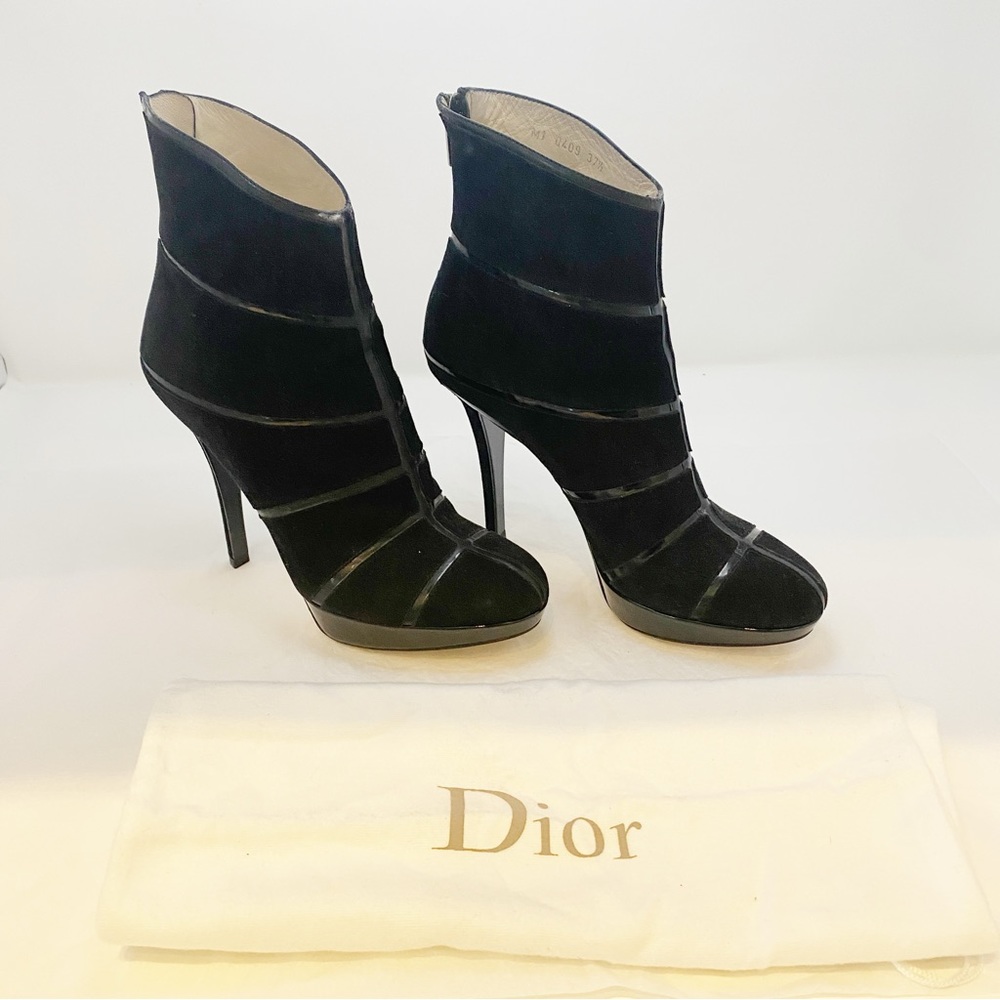Christian Dior Ankle Boots 37.5 Black Suede Leather Heels NWOB Luxury